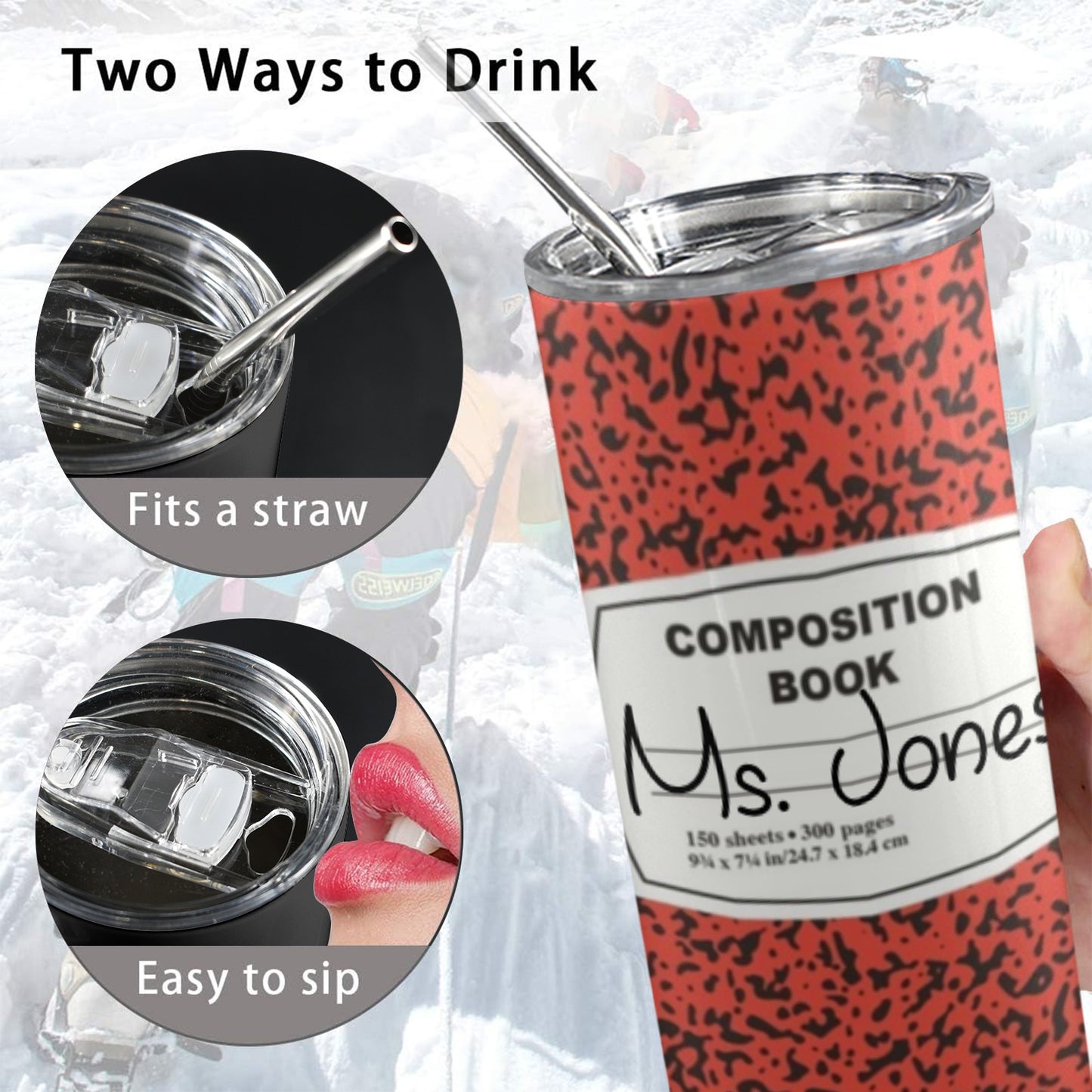 Customizable Composition Notebook Red and Black Tumbler 20oz with Lid and Straw