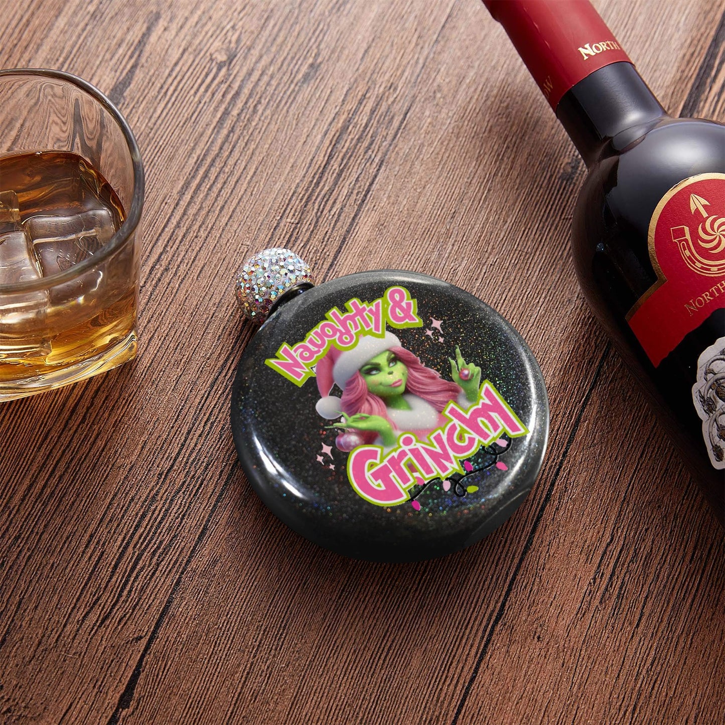 Naughty & Grinchy Flask 5oz Round Hip Flask (One-Sided Printing)