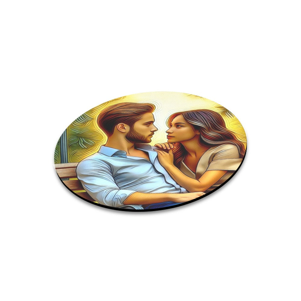 Customized man and woman on park bench Round Mousepad