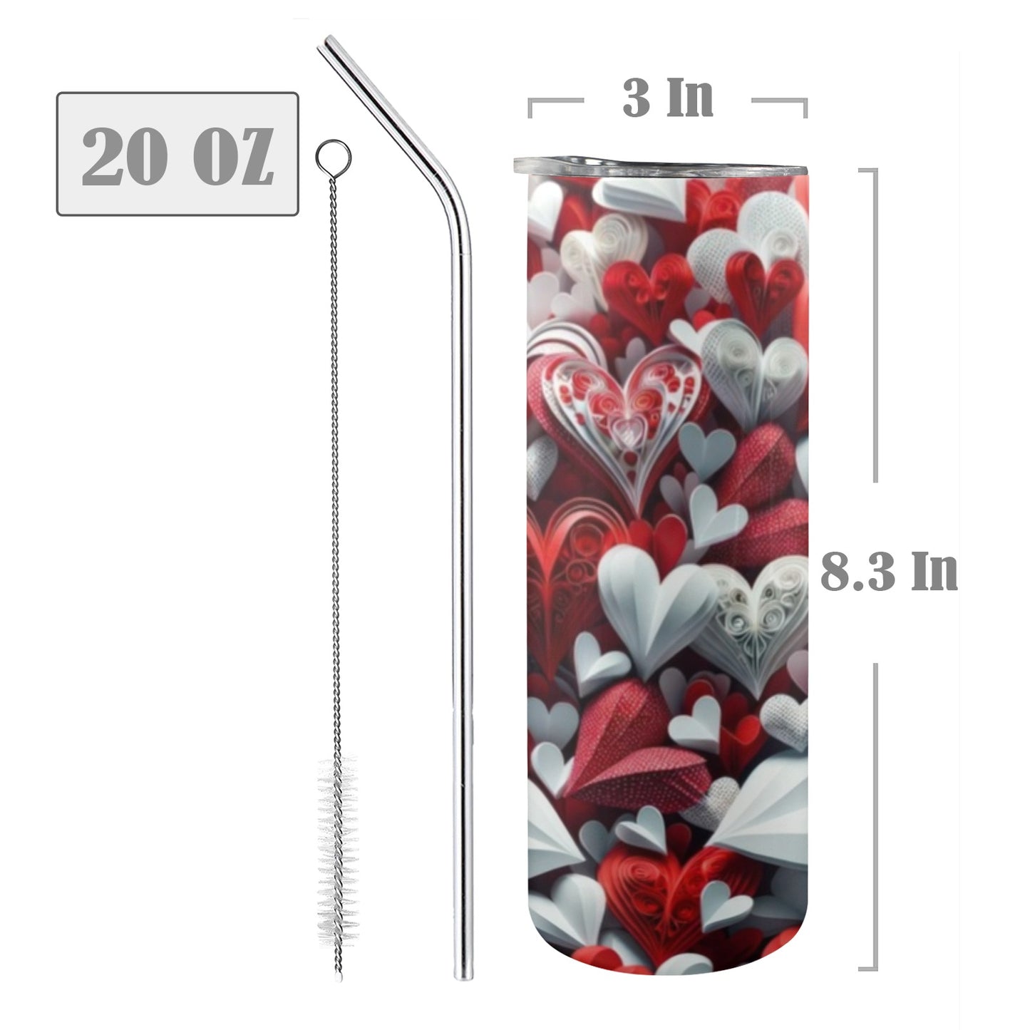 Red and white hearts 20oz Tall Skinny Tumbler with Lid and Straw