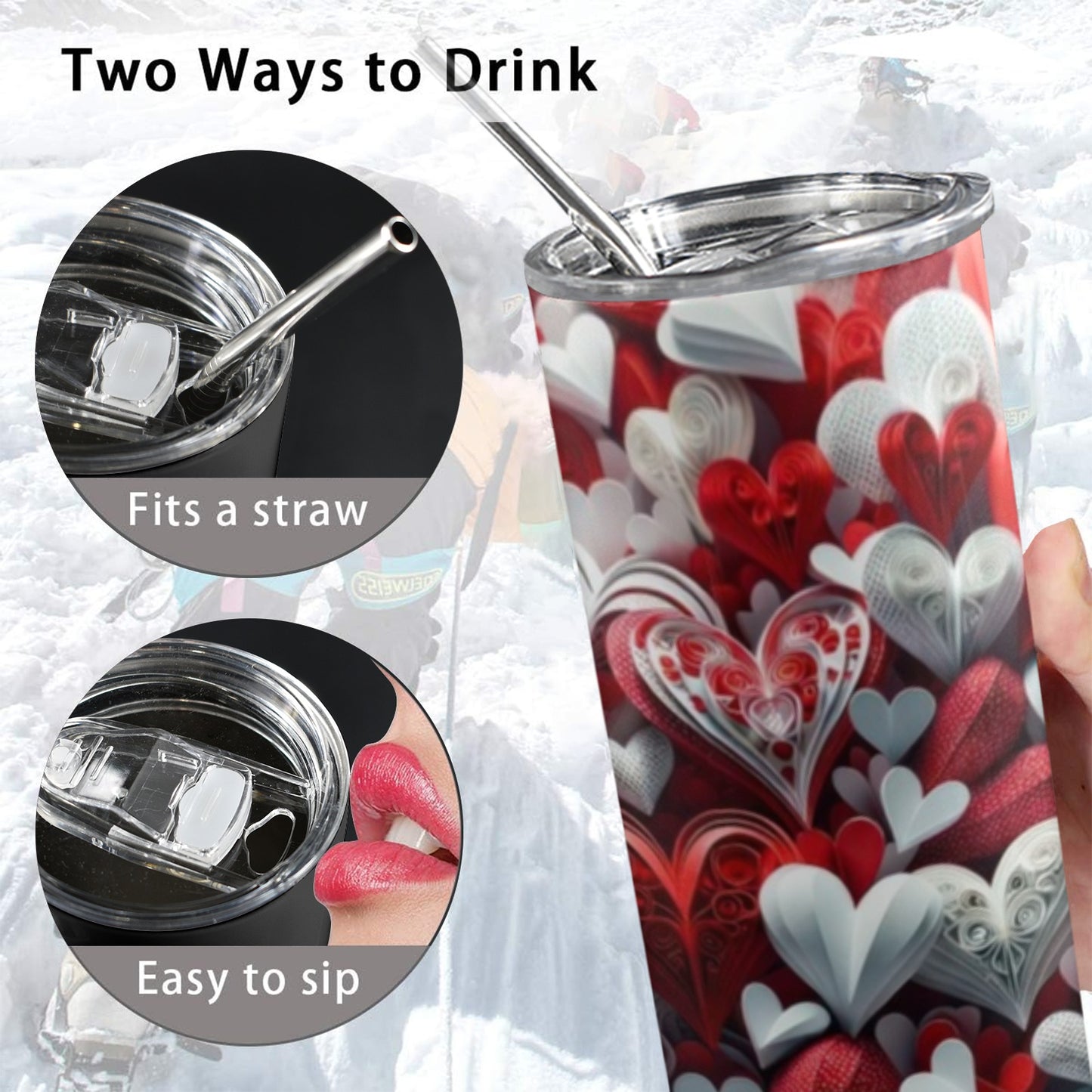 Red and white hearts 20oz Tall Skinny Tumbler with Lid and Straw