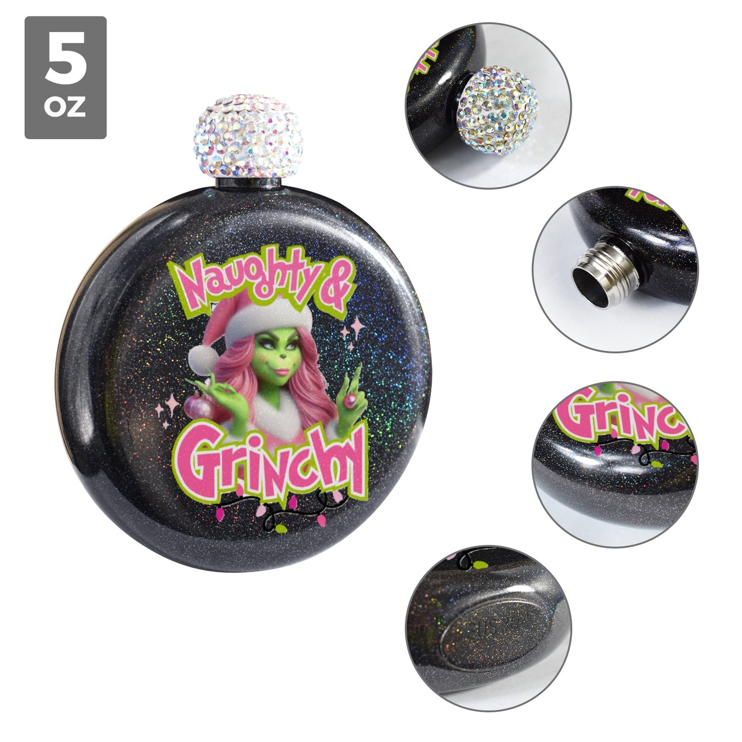 Naughty & Grinchy Flask 5oz Round Hip Flask (One-Sided Printing)