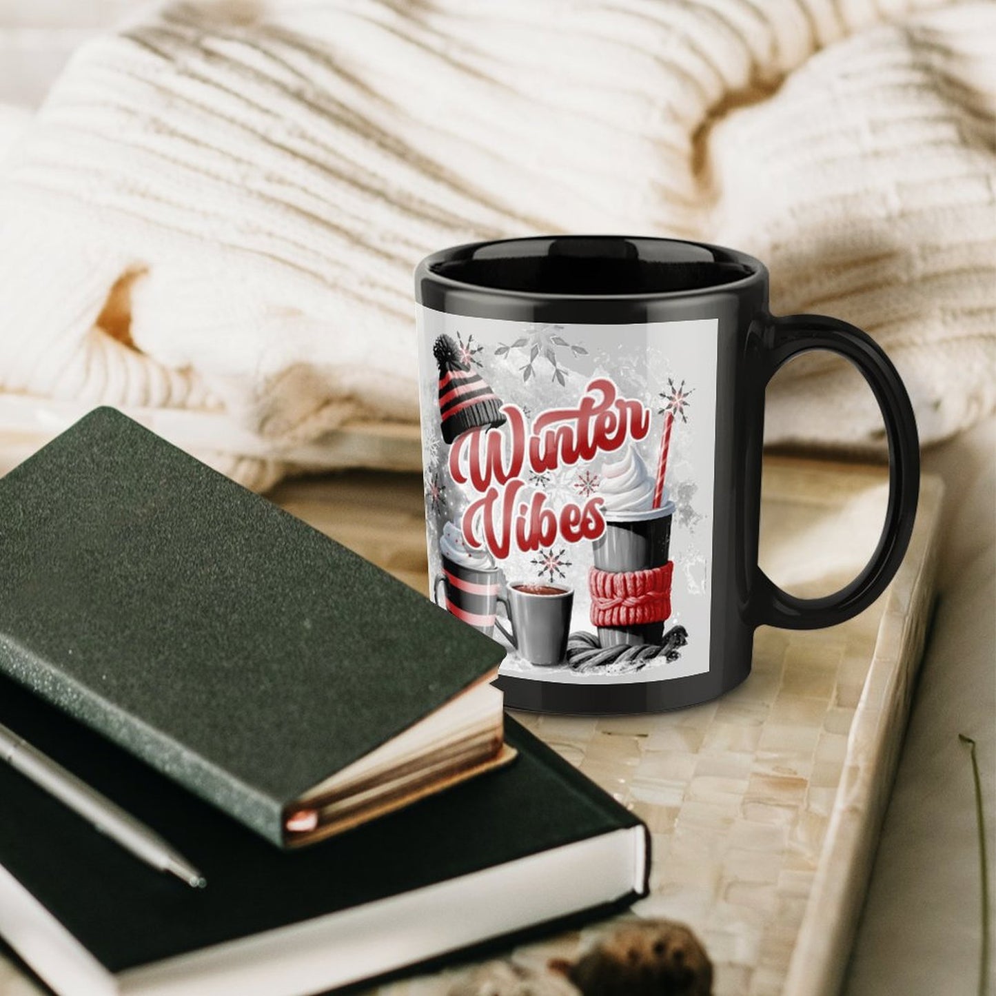 Winter Vibes Black Mug 11oz